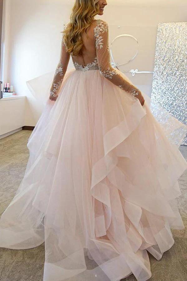 Elegant A-Line Long Sleeves Tulle Wedding Dresses With Appliques WD036 by pgmdress