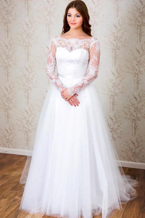 Elegant A-line Long Sleeves White Lace Wedding Dress Bridal Gowns WD112 by pgmdress
