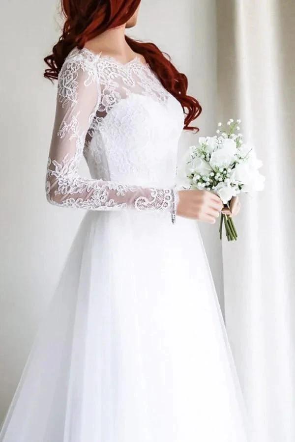 Elegant A-line Long Sleeves White Lace Wedding Dress Bridal Gowns WD112 by pgmdress