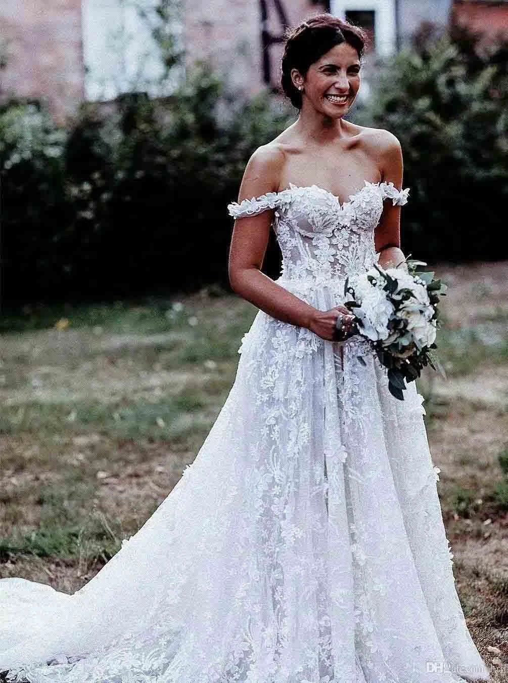 Elegant A-Line Off Shoulder White Tulle Wedding Dress with Appliques WD337 by pgmdress