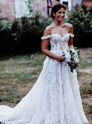 Elegant A-Line Off Shoulder White Tulle Wedding Dress with Appliques  WD337