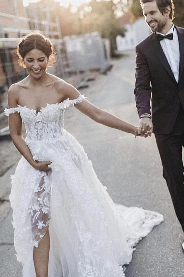 Elegant A-Line Off Shoulder White Tulle Wedding Dress with Appliques WD337 by pgmdress