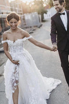 Elegant A-Line Off Shoulder White Tulle Wedding Dress with Appliques WD337 by pgmdress