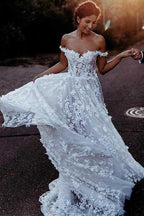 Elegant A-Line Off Shoulder White Tulle Wedding Dress with Appliques WD337 by pgmdress