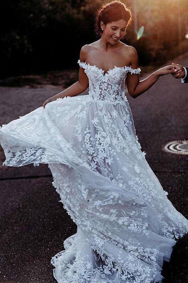 Elegant A-Line Off Shoulder White Tulle Wedding Dress with Appliques WD337 by pgmdress