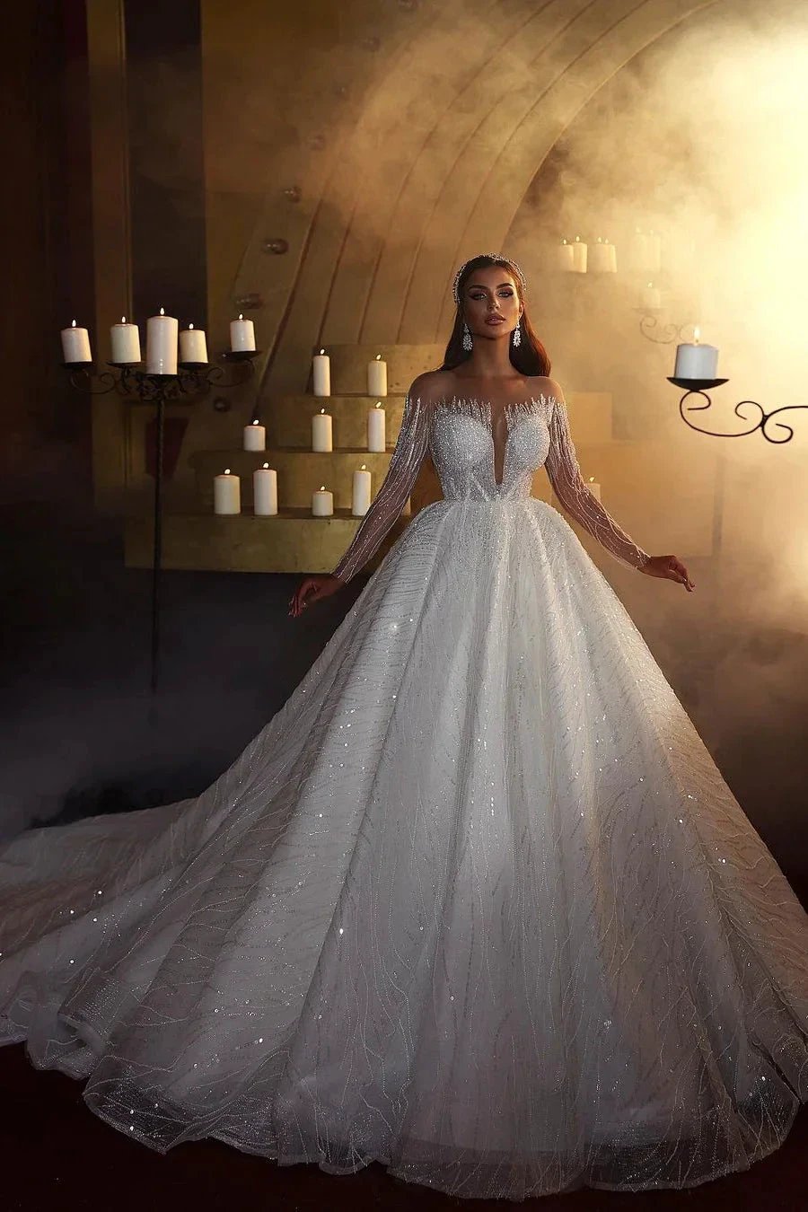 Elegant A-line Off-the-shoulder Long Sleeves V-neck Wedding Dress With Lace by misshow.com