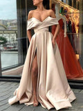 Elegant A-line Off the Shoulder Satin Long Formal Prom Dresses with Slit by BIZTUNNEL