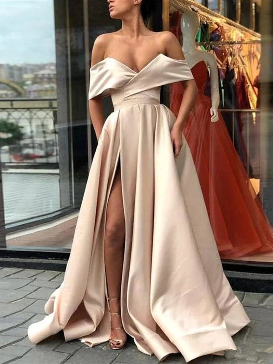 Elegant A-line Off the Shoulder Satin Long Formal Prom Dresses with Slit by BIZTUNNEL
