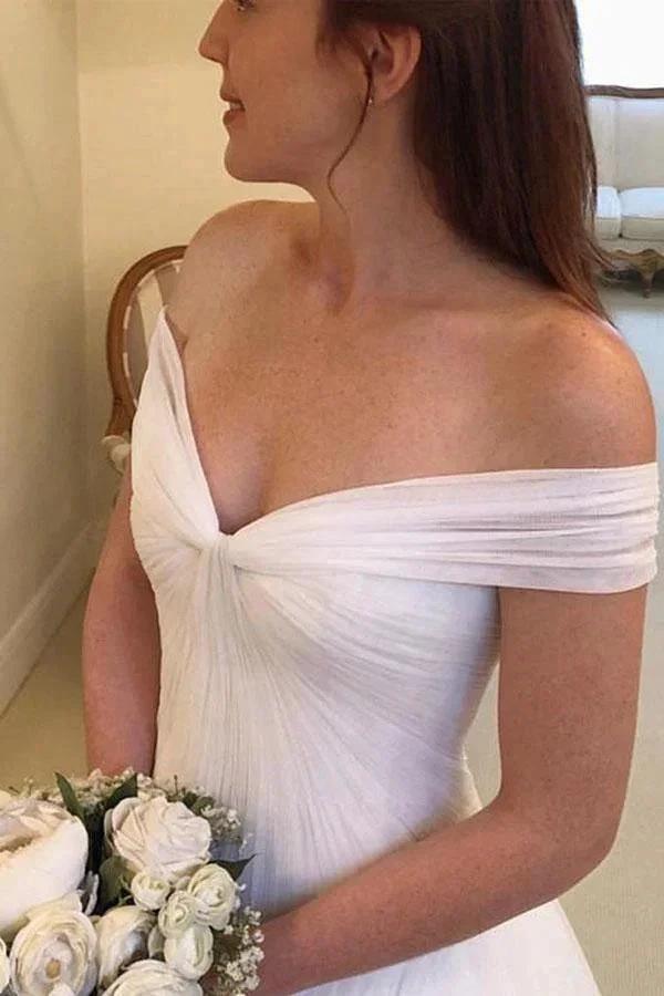 Elegant A-line Off the Shoulder Tulle Ivory Long Wedding Dresses WD326 by pgmdress