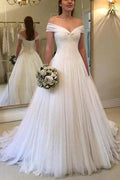 Elegant A-line Off the Shoulder Tulle Ivory Long Wedding Dresses WD326 by pgmdress