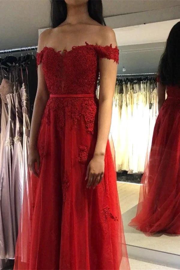 Elegant A-line Off-the-shoulder Tulle Long Prom Dress with Appliques Lace by BIZTUNNEL