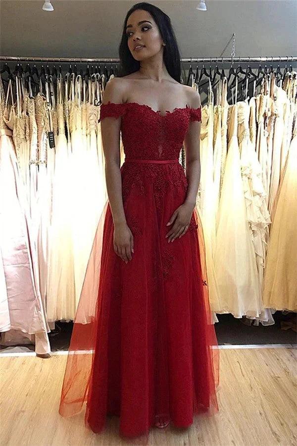Elegant A-line Off-the-shoulder Tulle Long Prom Dress with Appliques Lace by BIZTUNNEL