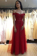 Elegant A-line Off-the-shoulder Tulle Long Prom Dress with Appliques Lace by BIZTUNNEL