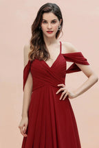 Elegant A-line Off-the-Shoulder V-neck Ruched Long Bridesmaid Dress by misshow.com