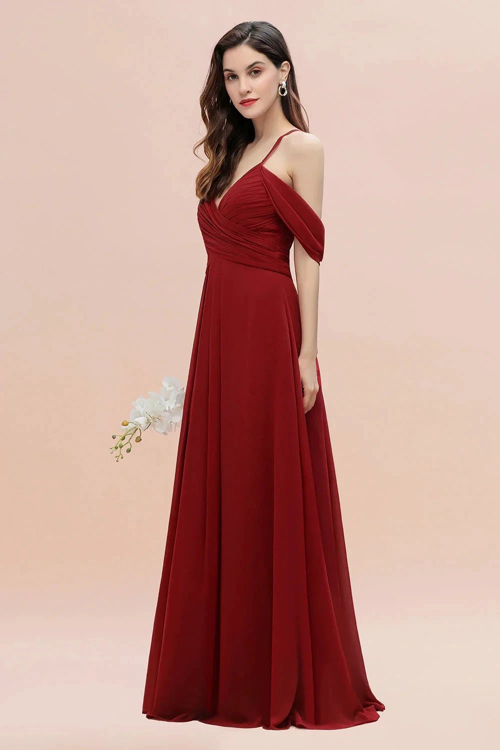 Elegant A-line Off-the-Shoulder V-neck Ruched Long Bridesmaid Dress by misshow.com