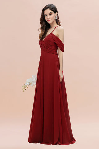 Elegante vestido de dama de honor largo fruncido con escote en V y hombros descubiertos en A 