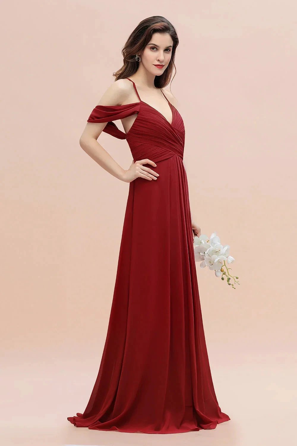 Elegant A-line Off-the-Shoulder V-neck Ruched Long Bridesmaid Dress by misshow.com