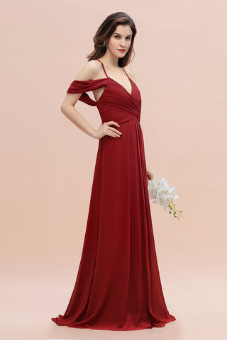 Elegante vestido de dama de honor largo fruncido con escote en V y hombros descubiertos en A 