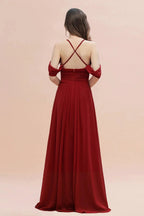 Elegant A-line Off-the-Shoulder V-neck Ruched Long Bridesmaid Dress by misshow.com