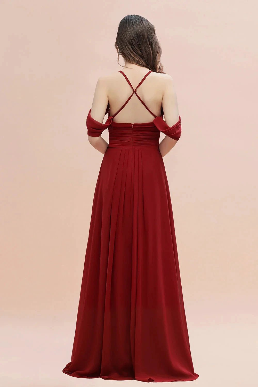 Elegant A-line Off-the-Shoulder V-neck Ruched Long Bridesmaid Dress by misshow.com