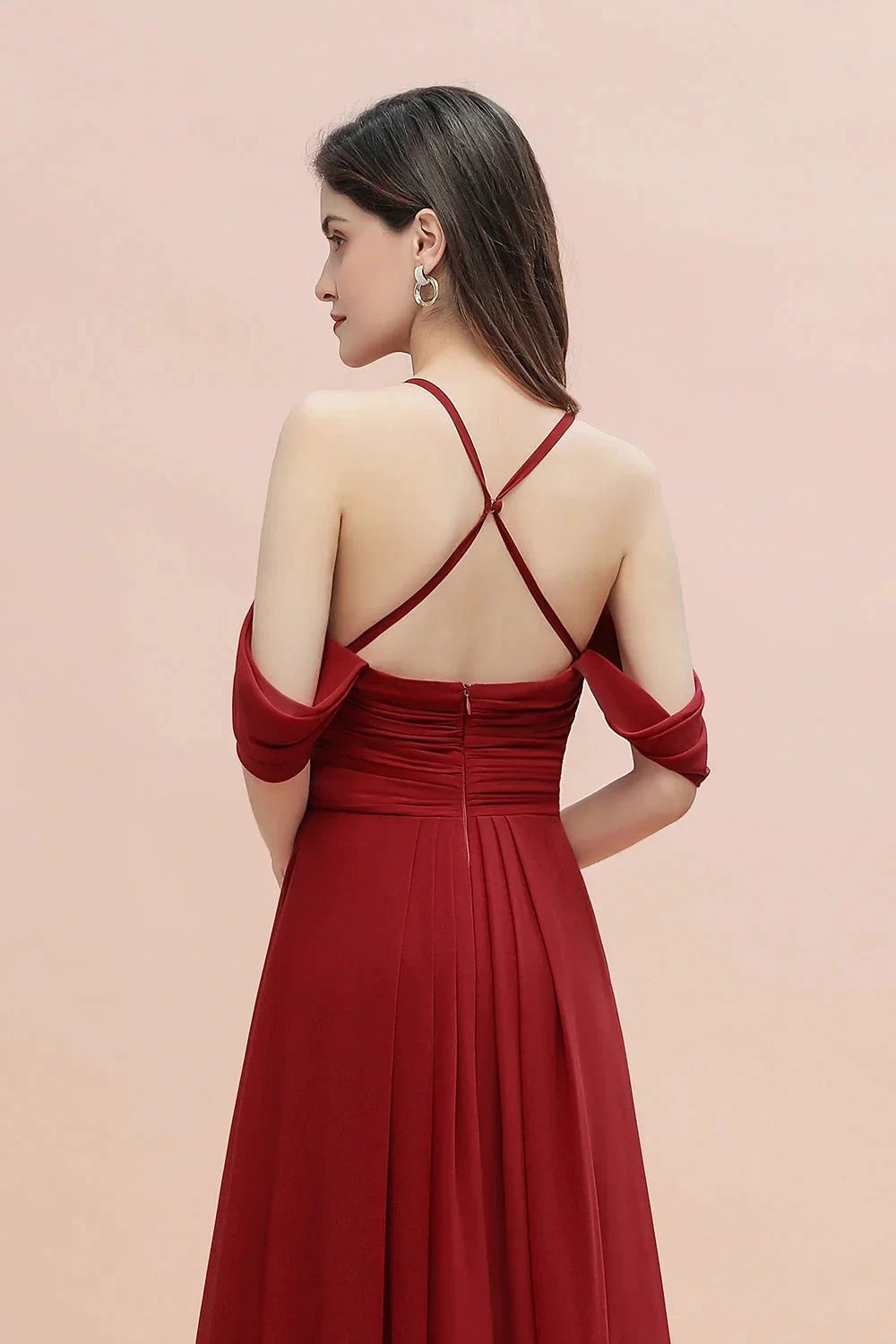 Elegant A-line Off-the-Shoulder V-neck Ruched Long Bridesmaid Dress by misshow.com