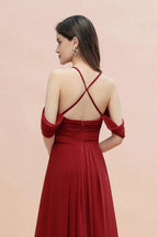 Elegant A-line Off-the-Shoulder V-neck Ruched Long Bridesmaid Dress by misshow.com