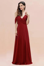 Elegant A-line Off-the-Shoulder V-neck Ruched Long Bridesmaid Dress by misshow.com