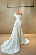 Elegant A-line One Shoulder Cap Sleeve Ruffles Satin Train White Long Prom Dress by misshow.com