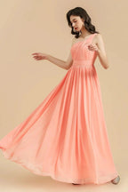 Elegant A-line One Shoulder Coral Chiffon Long Bridesmaid Dress by misshow.com