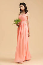 Elegant A-line One Shoulder Coral Chiffon Long Bridesmaid Dress by misshow.com