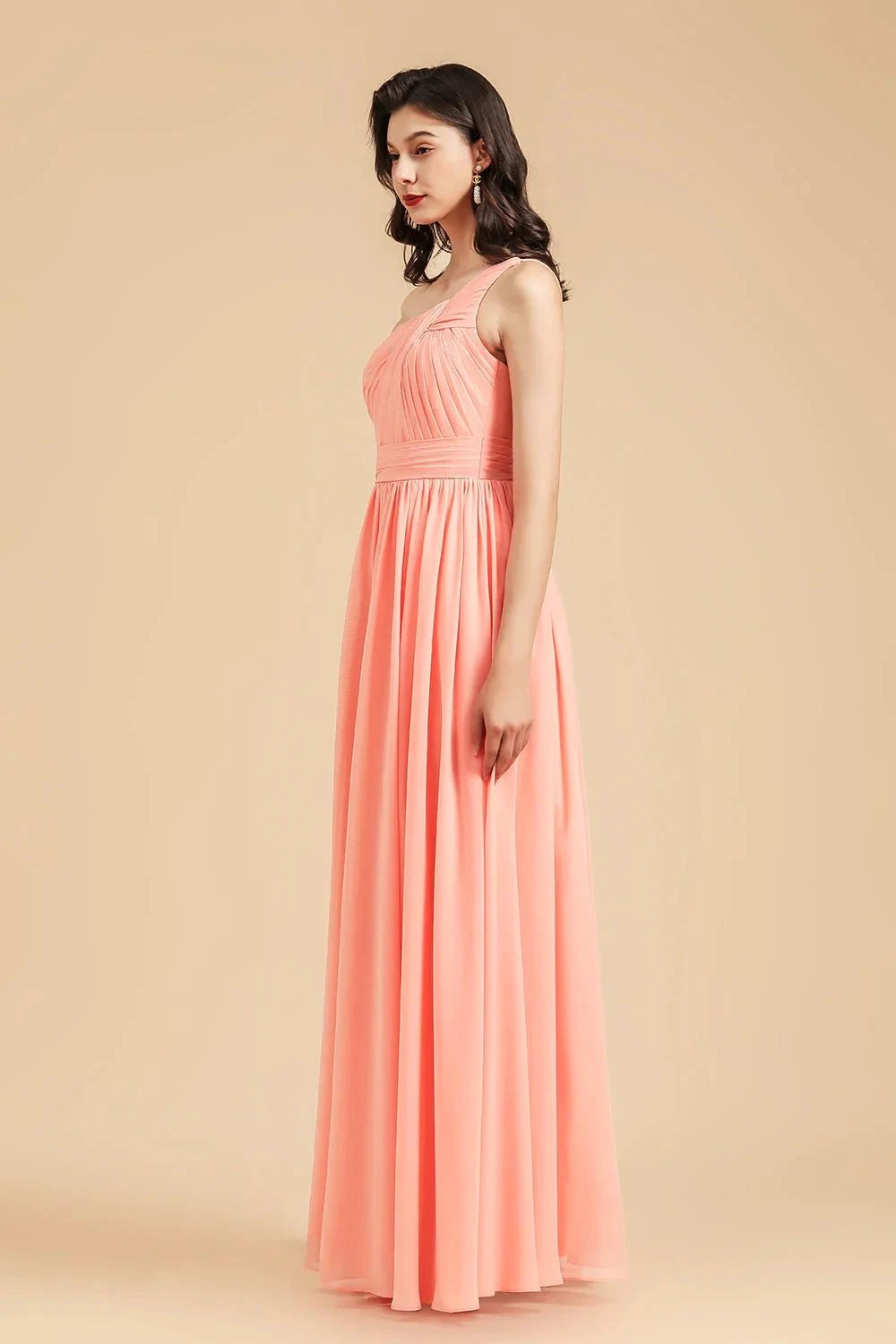 Elegant A-line One Shoulder Coral Chiffon Long Bridesmaid Dress by misshow.com