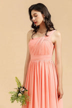 Elegant A-line One Shoulder Coral Chiffon Long Bridesmaid Dress by misshow.com