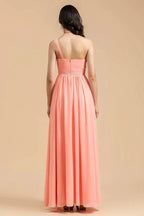 Elegant A-line One Shoulder Coral Chiffon Long Bridesmaid Dress by misshow.com