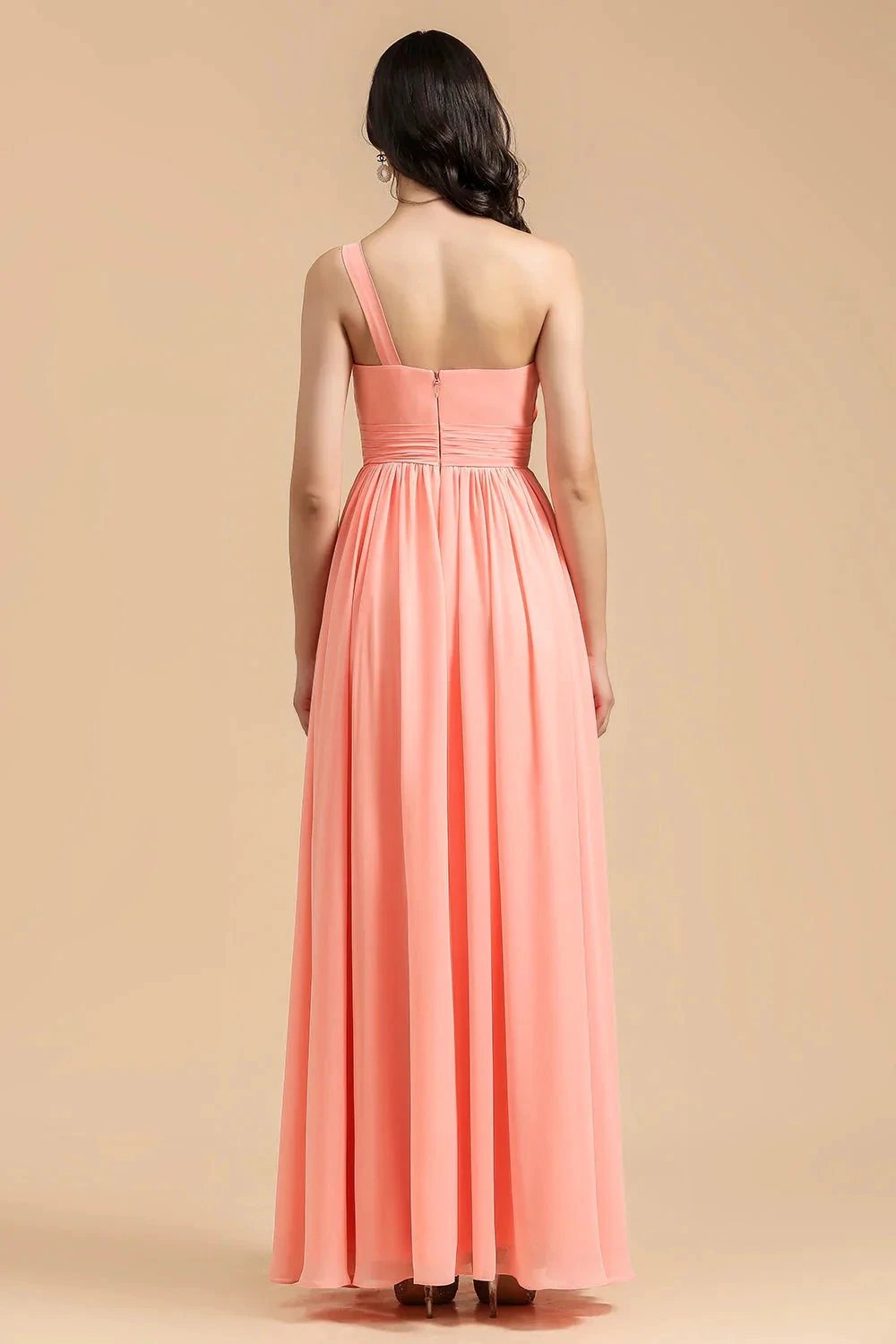 Elegant A-line One Shoulder Coral Chiffon Long Bridesmaid Dress by misshow.com
