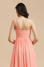 Elegant A-line One Shoulder Coral Chiffon Long Bridesmaid Dress by misshow.com