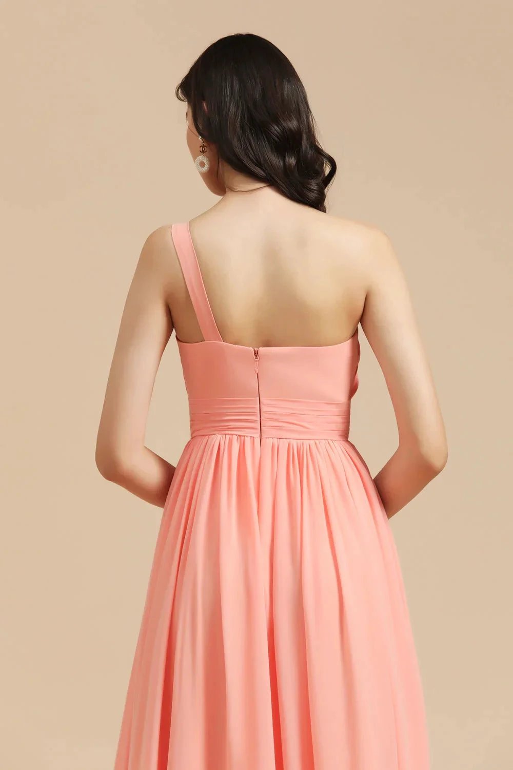 Elegant A-line One Shoulder Coral Chiffon Long Bridesmaid Dress by misshow.com