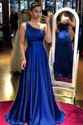 Elegant A-line One Shoulder Satin Long Formal Prom Dress by BIZTUNNEL