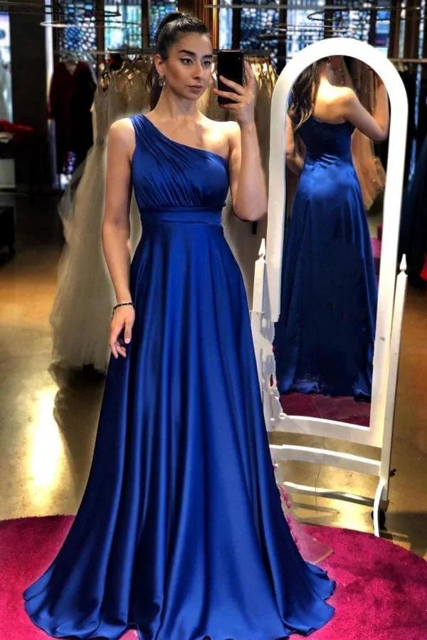 Elegant A-line One Shoulder Satin Long Formal Prom Dress by BIZTUNNEL