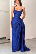 Elegant A-line Ruffles Sleeveless Square Satin Oceanblue Prom Dresses by misshow.com