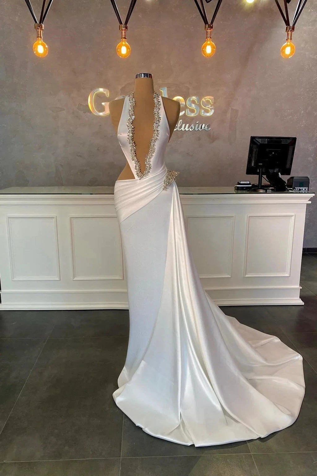 Elegant A-line Satin Sleeveless Halter Long Prom Dresses by misshow.com