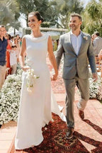 Elegant A-Line Satin Sleeveless White Wedding Dress With Train by misshow.com