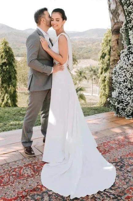 Elegant A-Line Satin Sleeveless White Wedding Dress With Train by misshow.com