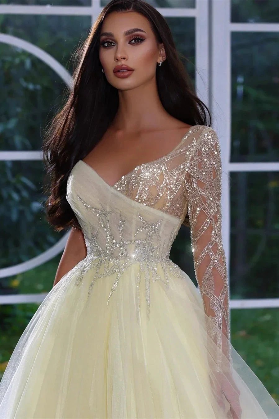 Elegant A-line Sequined Long Sleeves Prom Dress With Beads by misshow.com