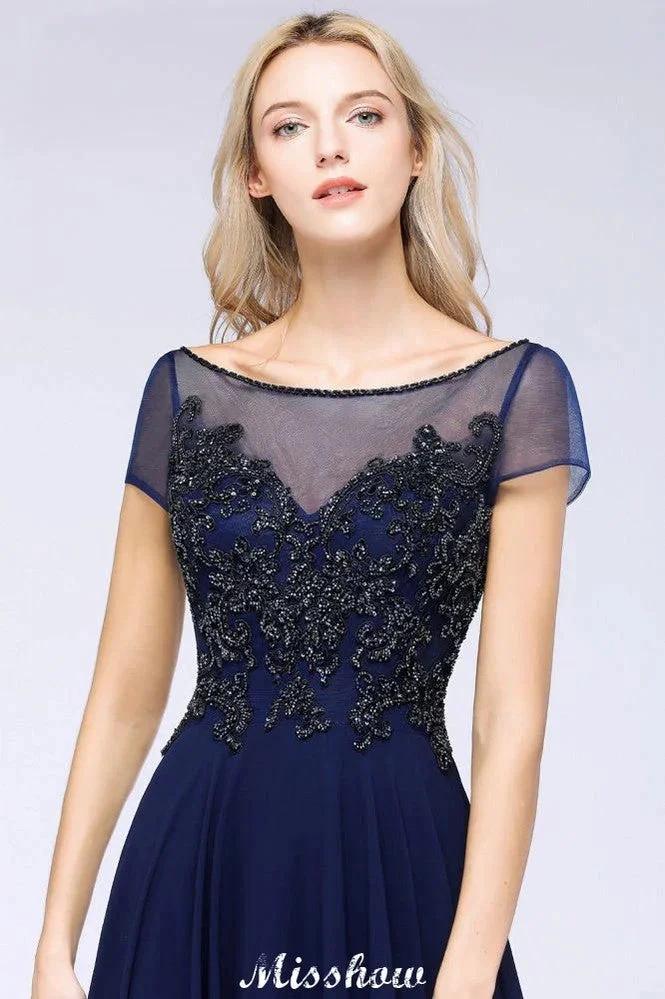 Elegant A-Line Short Sleeve Appliques Beads Bridesmaid Dresses Floor-Length Evening Dress by misshow.com