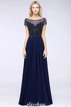 Elegant A-Line Short Sleeve Appliques Beads Bridesmaid Dresses Floor-Length Evening Dress by misshow.com