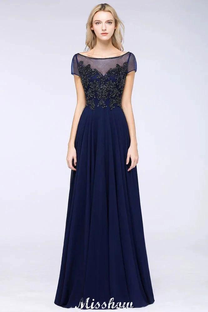 Elegant A-Line Short Sleeve Appliques Beads Bridesmaid Dresses Floor-Length Evening Dress by misshow.com