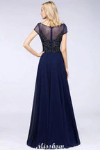Elegant A-Line Short Sleeve Appliques Beads Bridesmaid Dresses Floor-Length Evening Dress by misshow.com