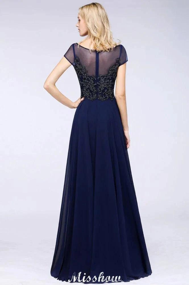 Elegant A-Line Short Sleeve Appliques Beads Bridesmaid Dresses Floor-Length Evening Dress by misshow.com