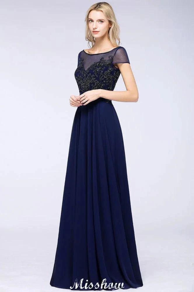 Elegantes A-Linie Kurzarm Applikationen Perlen Brautjungfernkleider Bodenlanges Abendkleid