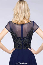 Elegantes A-Linie Kurzarm Applikationen Perlen Brautjungfernkleider Bodenlanges Abendkleid